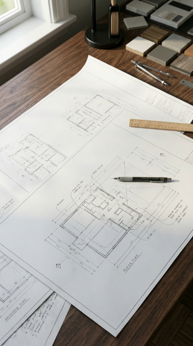Tavolo da disegno con planimetrie e strumenti di progettazione